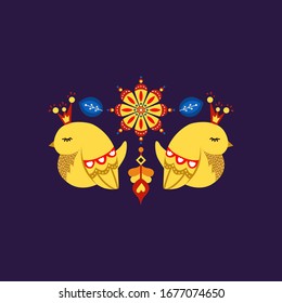 Vector bright illustration with birds and decor elements on the dark background. Vector pattern template. Artwork for the card, banner, poster, textile and home decor. 