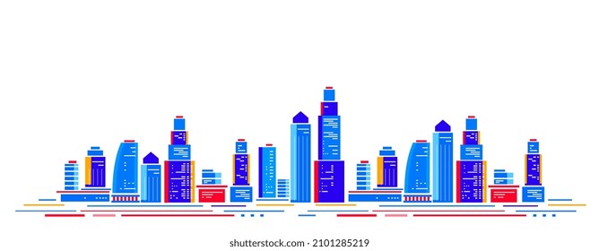 Vector bright illustration of blue city street with skyscraper on white color background. Flat style design of panorama of cityscape with line for web, site, banner, poster, print