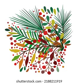 Vector bright illustration of bouquet with autumn colorful leaves, coniferous brancj\hes and berries, isolated on white background.