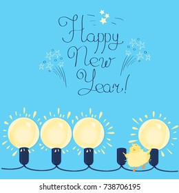 Vector bright illustration  with cartoon chickens and hand drawn letters Happy New Year. 