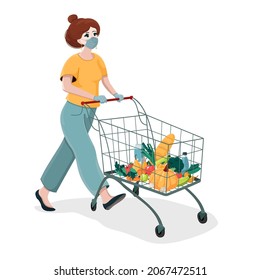 Vector bright illustration in cartoon style isolated on white background. Woman buys groceries. Food in the shopping cart. A woman pushes a cart with vegetables, fruits, bread and milk.