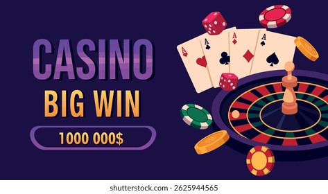 Vector bright illustration of casino and poker themed banner. Roulette, chips, cards, dice on dark background. Gambling, luck flat design template for casino projects and advertising