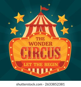 Vector bright illustration of a circus poster with a tent, stars and a glowing sign. Ideal for posters, tickets, banners and show advertising. Retro flat style