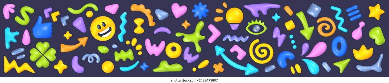 Vector bright illustration of collection of different abstract realistic shape on dark color background. 3d cartoon style design of various decorative multicolored shine element set for web, banner