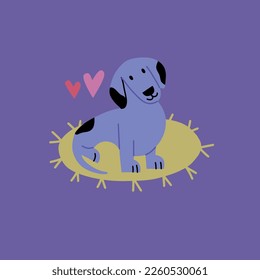 Vector bright illustration with a cute marble dachshund on the mat. Print of bright colors.