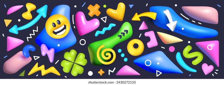 Ilustración brillante del vector de la forma realista abstracta diferente con el emoji en el fondo de color oscuro. Diseño de estilo de dibujos animados 3d de varios elementos decorativos de brillo multicolor para web, sitio, banner