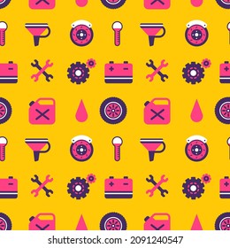 Vector bright illustration of different car equipment on yellow color background. Flat line art style design of car part seamless pattern for web, site, banner, print, textile