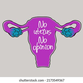 Vector bright illustration of female reproductive system with slogan. No uterus no opinion. Concept of abortion protest. My body my choice.