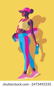 Vector brillante ilustración de una mujer atlética en forma con abdominales, cuerpo tonificado sosteniendo una botella de agua en sus manos, una estera para deportes o yoga. Traje deportivo de color rosa azul brillante