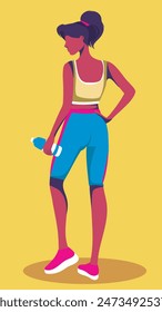 Vector brillante ilustración de una mujer atlética en forma con abdominales, cuerpo tonificado sosteniendo una botella de agua en sus manos. Traje deportivo de color rosa azul brillante