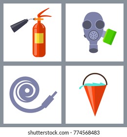 Vector bright illustration in flat design with red fire extinguisher, grey gas mask with filter, hose pipe and bucket full of water in isolated icons.