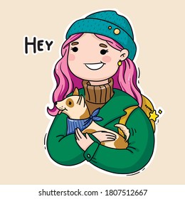 Vector bright illustration of a girl with a dog