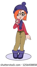 vector bright illustration of a girl in warm clothes, boots, hat and scarf with a mug of tea