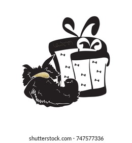 Vector bright illustration  with hand drawn dogs and gift boxes. 