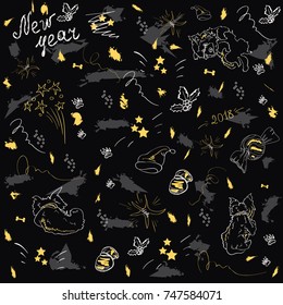 Vector bright illustration  with hand drawn dogs and letters Happy New Year. 
