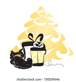 Vector bright illustration  with hand drawn dogs and gift boxes. 