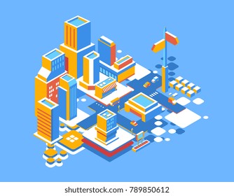 Vector bright illustration of isometric city panorama with yellow skyscrapers on blue background. Urban city landscape with car and pointer. 3d style design for web, site, poster, banner,  infographic