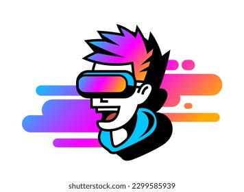 Vector bright illustration of man head with virtual reality helmet on white background. Line art flat style colorful logo design of vr user avatar for web, banner, print, logotype
