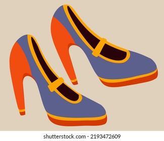 Vector bright illustration of Mary Jane shoes with high heels isolated on light beige background. Lilac, yellow and orange colors.