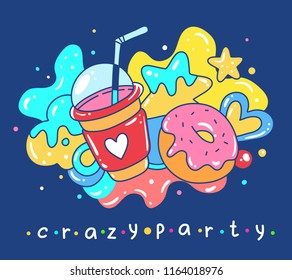 Vector bright illustration of milkshake and donut on dark background. Creative festive composition line art style design for web, site, banner, poster, greeting card, party invitation