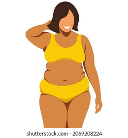 vector bright illustration on the theme of body positive. a young plump girl is not shy about her fat folds on her stomach. isolated on white background. love and accept your body. love yourself