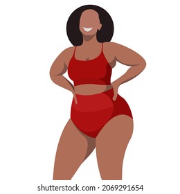 vector bright illustration on the theme of body positive. a young black plump girl is not shy about her fat folds on her stomach. isolated on white background. love and accept your body. love yourself