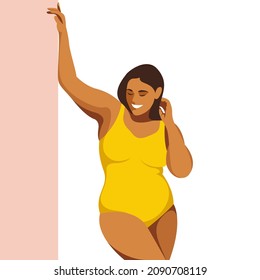 vector bright illustration on the theme of body positive. a young juicy plump girl is not shy about her fat folds on her stomach. isolated on white background. love and accept your body. love yourself