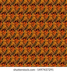 Vector bright illustration with orange shades of grassy ornament on a black background. Autumnal seamless design.
