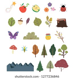 Vector bright illustration of plants and flora. Decorative vector elements on the white isolated background.