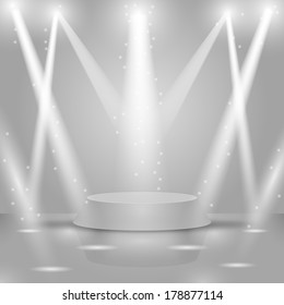 Vector bright illustration with a podium and spotlights.