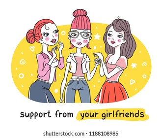 Vector bright illustration of portrait of three beautiful fashion girls chatting together. Hand drawn flat line art style design of model girl for web, site, card, poster