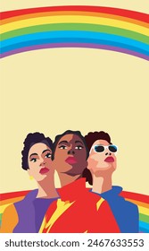 Vector brillante ilustración del mes del Orgullo de las mujeres de diferentes culturas y nacionalidades bellas diferentes personas que apoyan los derechos y movimientos LGBT. Anuncio lugar para texto, póster para Sitio web