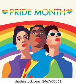 Vector bright illustration of Pride month women of different cultures and nationalities different people supporting LGBT rights and movements. Banner place for text, poster for website, parade, events