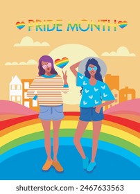 Vector bright illustration of Pride month with happy people, girls and rainbow supporting LGBT rights and movements. Banner for festival parades, parties and social events