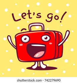 Vector bright illustration of red color character suitcase on yellow background. Motivational joyful sticker with eyes and mouth. Doodle style. Flat line art style design of cool character