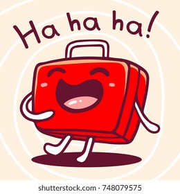 Vector bright illustration of red color character suitcase loudly laughing with open mouth on pink background. Cheerful sticker with eyes. Doodle style. Flat line art style design of cool character