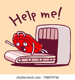 Vector bright illustration of red color unhappy character suitcase tightens into the hole on the conveyor belt on light background. Needs assistance sticker with hand. Doodle style. Flat line art