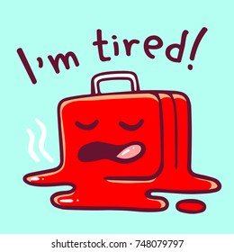 Vector bright illustration of red color exhausted character suitcase melted by stress on blue background. Tired sticker with closed eyes. Doodle style. Flat line art style design of cool character