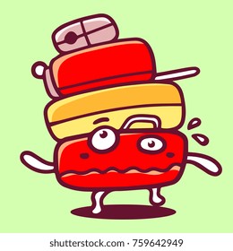 Vector bright illustration of red color very exhausted character suitcase carrying luggage on green background. Tired sticker with bulging eyes. Doodle style. Flat line art style design of character