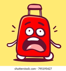 Vector bright illustration of red color pained character suitcase with open mouth on yellow background. Crying out sticker. Doodle style. Flat line art style design of cool character