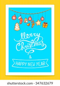 Vector bright illustration of red and yellow christmas garland and hand written text on blue background with white frame.Hand draw line art design for web,poster,brochure,template and greeting card