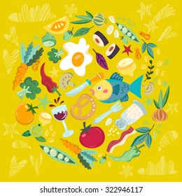Vector bright illustration of shape made of food illustrations.