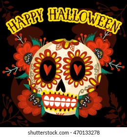 Vector bright illustration of Skull and poppies wreath. Colorful Day of the Dead card. Happy Halloween.
