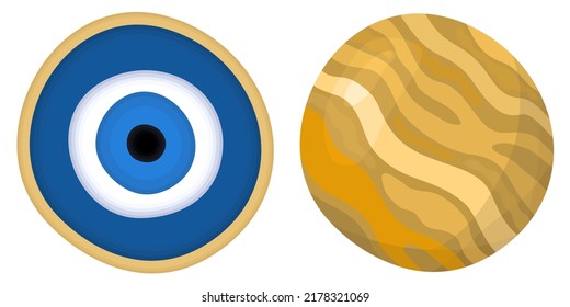 Vector bright illustration of two circle amulets, evil eye and golden. Isolated on white background.