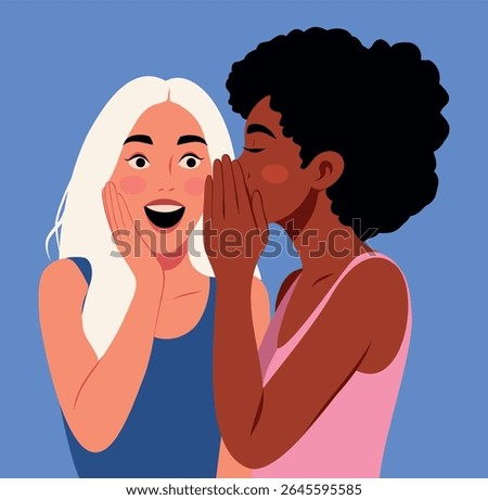 Vector bright illustration, two friends sharing a secret, gossip. One whispers, the other is surprised and smiles. Friendship day, trust, emotions. Women's day. Use for women's projects