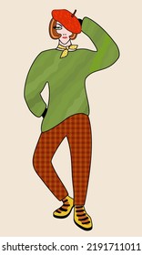 Vector bright illustration of young woman in autumn outfit isolated on light background.