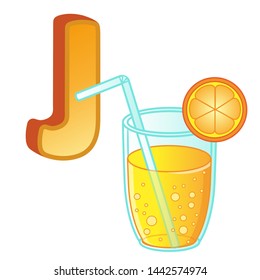 Vector bright illustrations alphabet with capital letters of the English and cute cartoon animals and things. Poster for kindergarten and preschool. Cards for learning English. Letter J. Juice