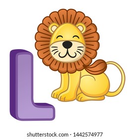 Vector bright illustrations alphabet with capital letters of the English and cute cartoon animals and things. Poster for kindergarten and preschool. Cards for learning English. Letter L. Lion