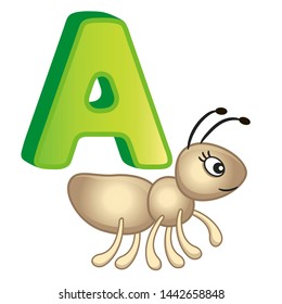 Vector bright illustrations alphabet with capital letters of the English and cute cartoon animals and things. Poster for kindergarten and preschool. Cards for learning English. Letter A. Ant