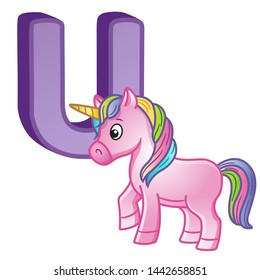 Vector bright illustrations alphabet with capital letters of the English and cute cartoon animals and things. Poster for kindergarten and preschool. Cards for learning English. Letter U. Unicorn 